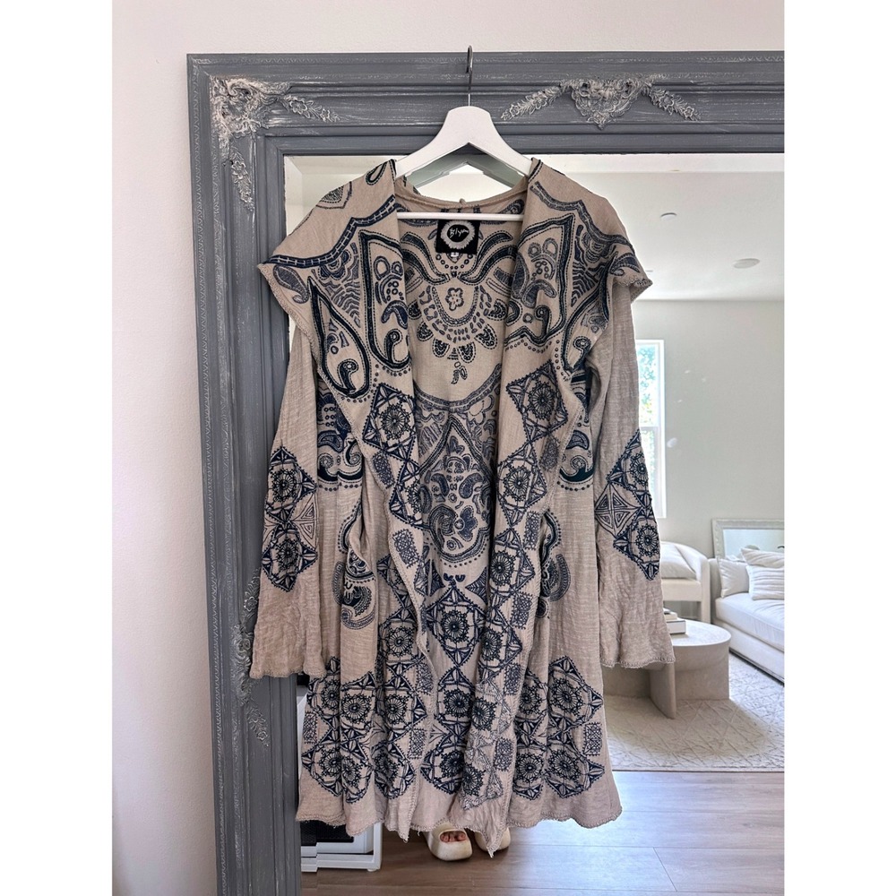 Biya Johnny Was Embroidered Hooded Cardigan Wrap Beige Blue Boho Long Duster S